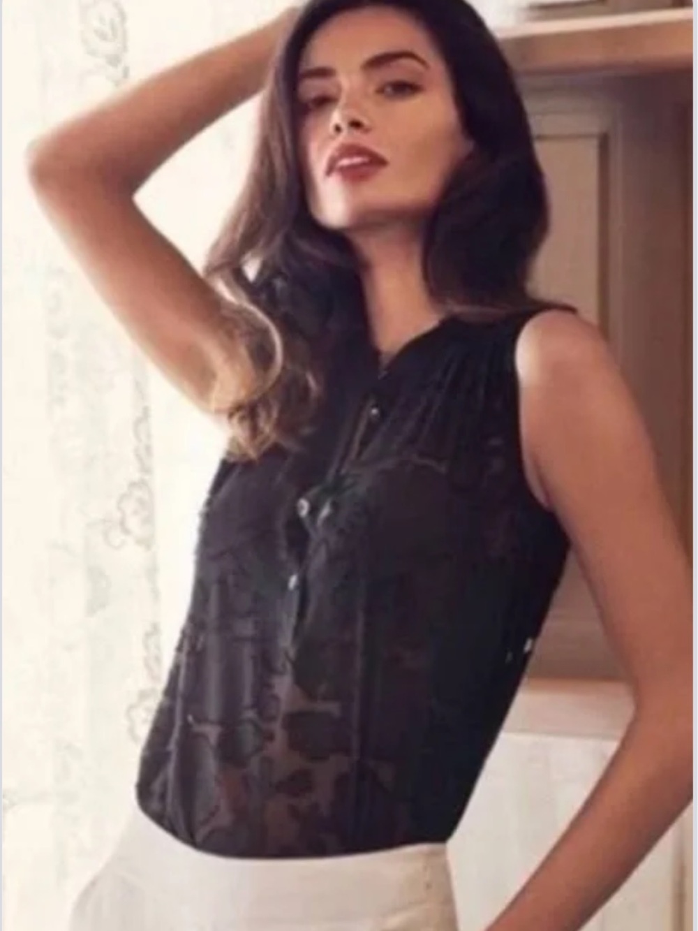 Black semi sheer button down sleeveless tank by cabi sz M